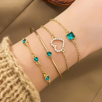 Golden Green Heart Crystal Chain Fashion Bracelet (4 pcs)